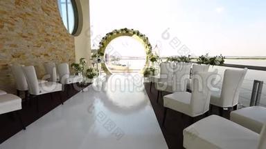 美丽的婚礼拱门的花为赡养费婚礼壁画。 婚礼拱门和婚礼绘画场所